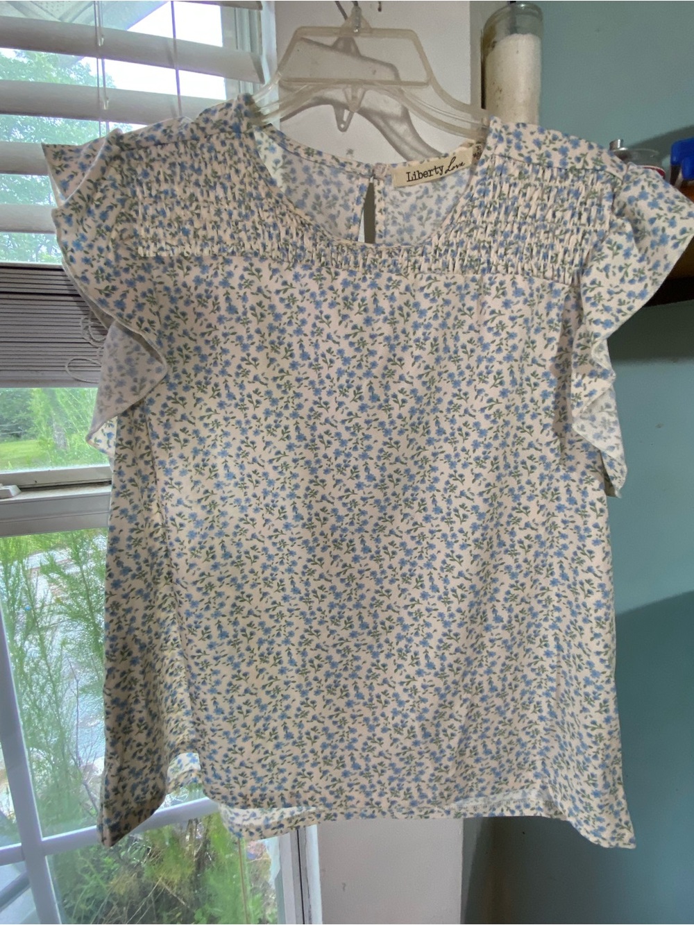 Liberty Love White Top with Blue Floral Ruffles